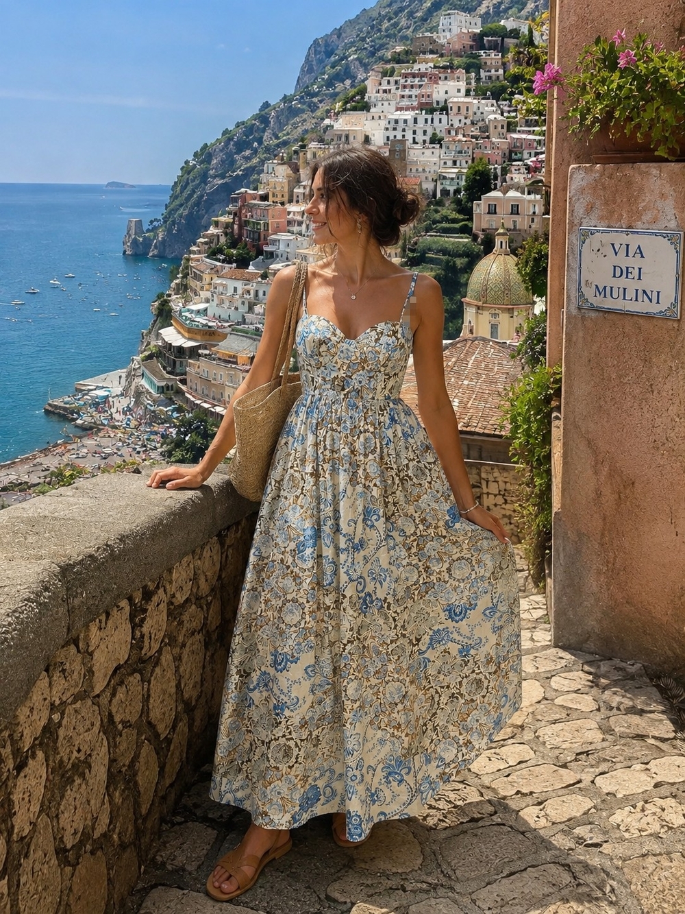 Aere Australian Brand-Blue and Cream Floral Maxi Sundress with Spaghetti Straps
